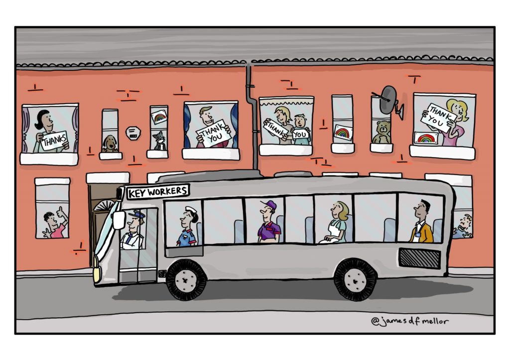 bus cartoon saying thank you to key workers